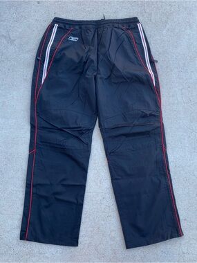 Vintage Reebok Nylon Track Pants Black Red Platinum Shield Collection Grunge Y2K